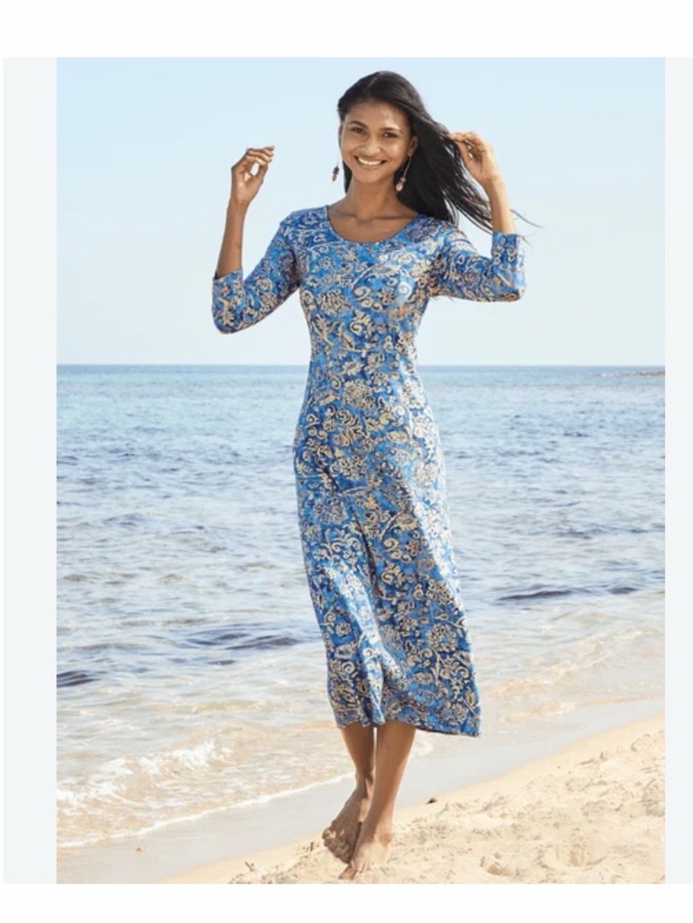 New Peruvian Connection Ravello Pima Cotton Blue Floral 3/4 sleeve Midi dress S